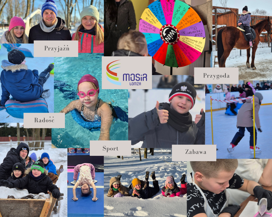 kolaż zdjęć dzieci podczas półkolonii, na śniegu, podczas warsztatów, na basenie, na lodowisku